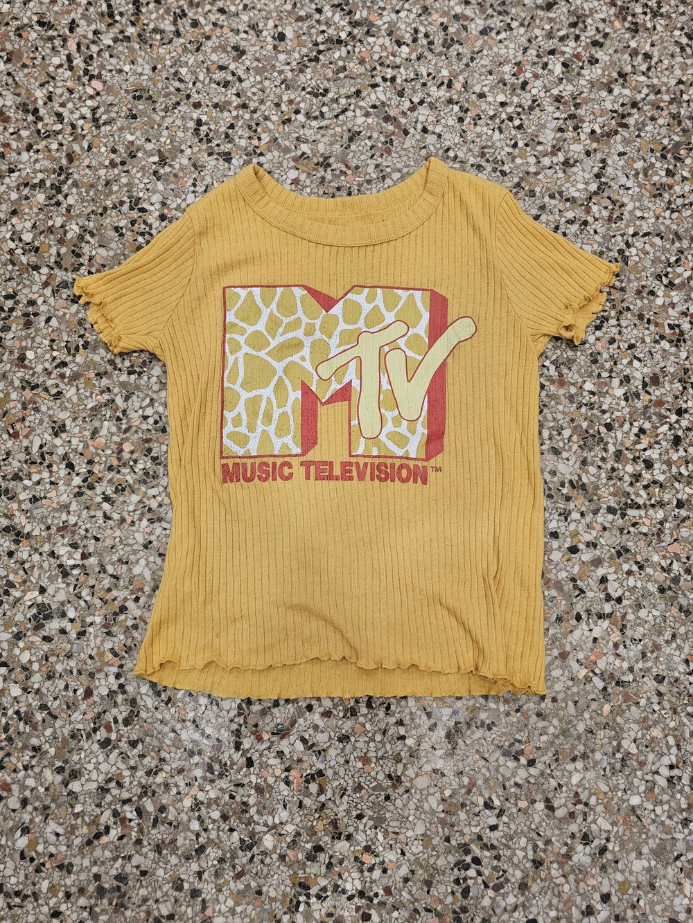 MTV Mustard Yellow Ribbed Short Sleeve Tee with Graphic Logo